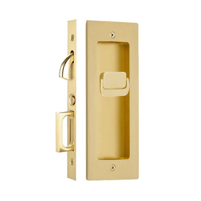 Modern Rectangular Privacy Mortise Pocket Door Lockset - Door Mount - 8" Brass/Satin Brass