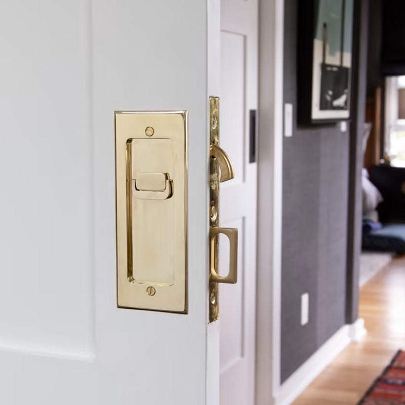 Modern Rectangular Privacy Mortise Pocket Door Lockset - Door Mount - 8" Brass/French Antique