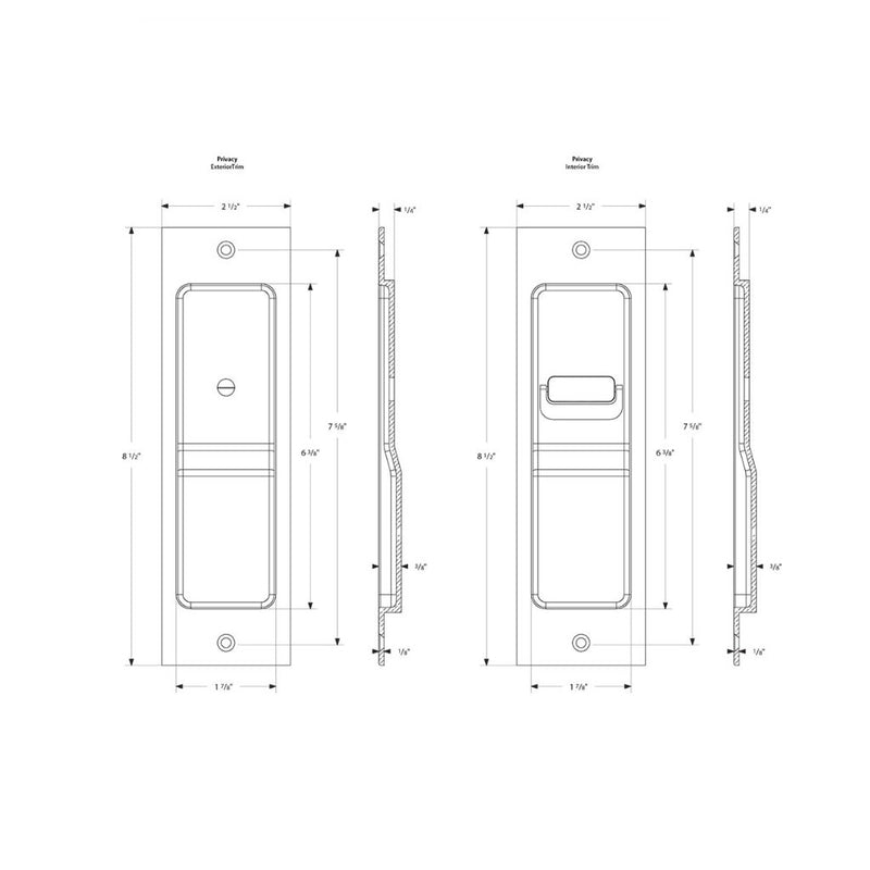 Modern Rectangular Privacy Mortise Pocket Door Lockset - Door Mount - 8" Brass/French Antique