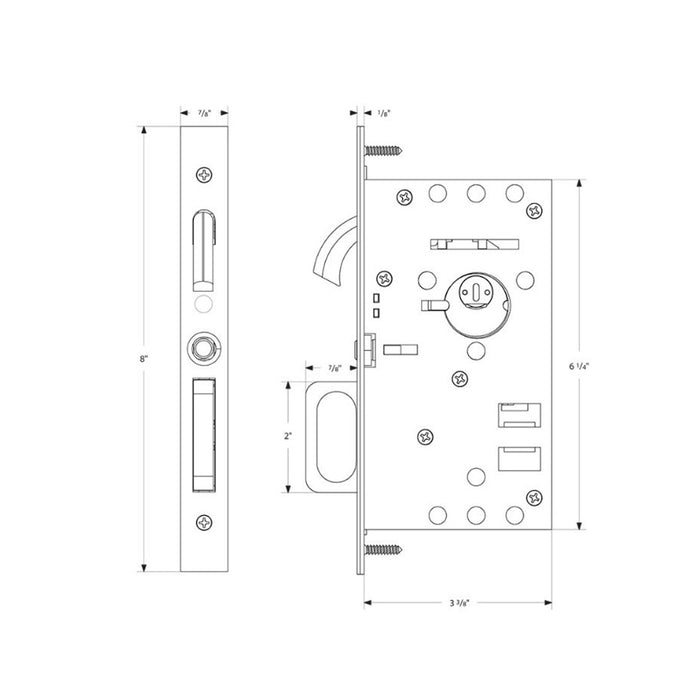 Modern Rectangular Privacy Mortise Pocket Door Lockset - Door Mount - 8" Brass/Polished Nickel