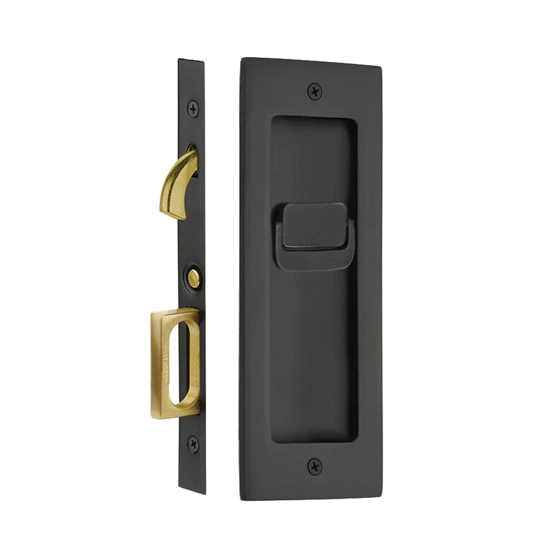 Modern Rectangular Privacy Mortise Pocket Door Lockset - Door Mount - 8" Brass/Flat Black