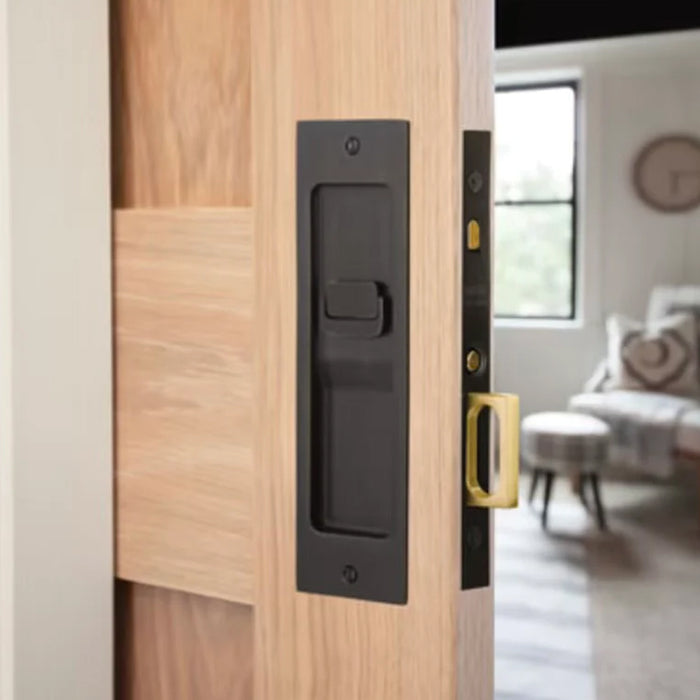 Modern Rectangular Privacy Mortise Pocket Door Lockset - Door Mount - 8" Brass/Flat Black
