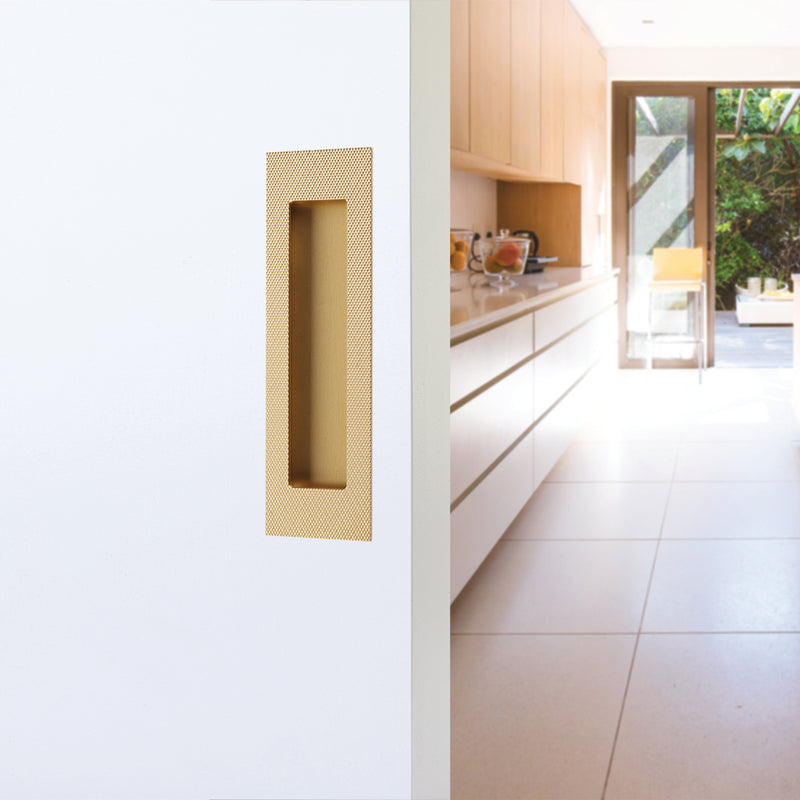 Modern Rectangular Knurled Pocket Door Lockset - Door Mount - 4" Brass/Polished Brass