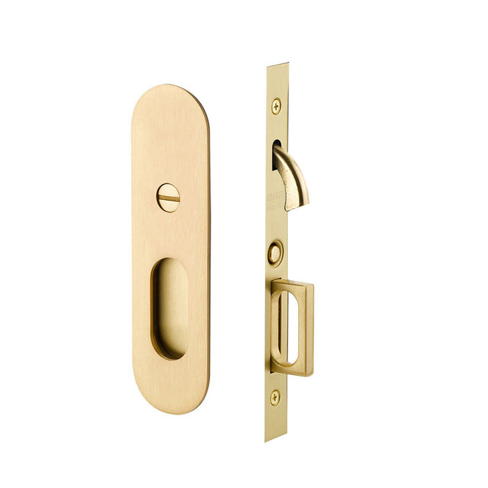 Narrow Oval Mortise Privacy Pocket Door Lockset - Door Mount - 8" Brass/Satin Brass