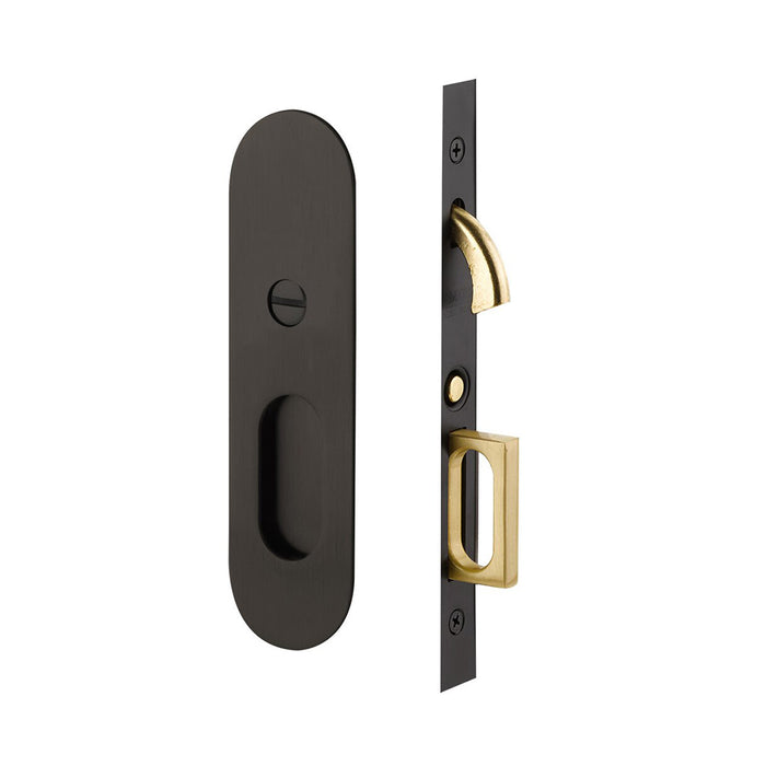 Narrow Oval Mortise Privacy Pocket Door Lockset - Door Mount - 8" Brass/Oil Rubbed Bronze
