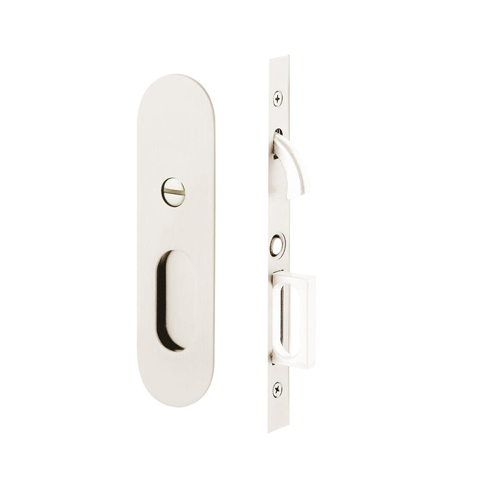 Narrow Oval Mortise Privacy Pocket Door Lockset - Door Mount - 8" Brass/Polished Nickel