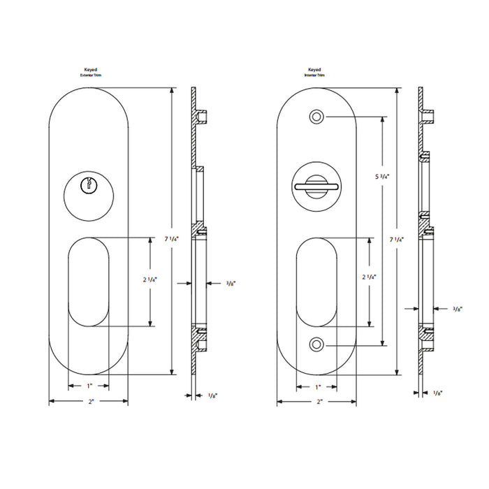 Narrow Oval Mortise Privacy Pocket Door Lockset - Door Mount - 8" Brass/Polished Nickel