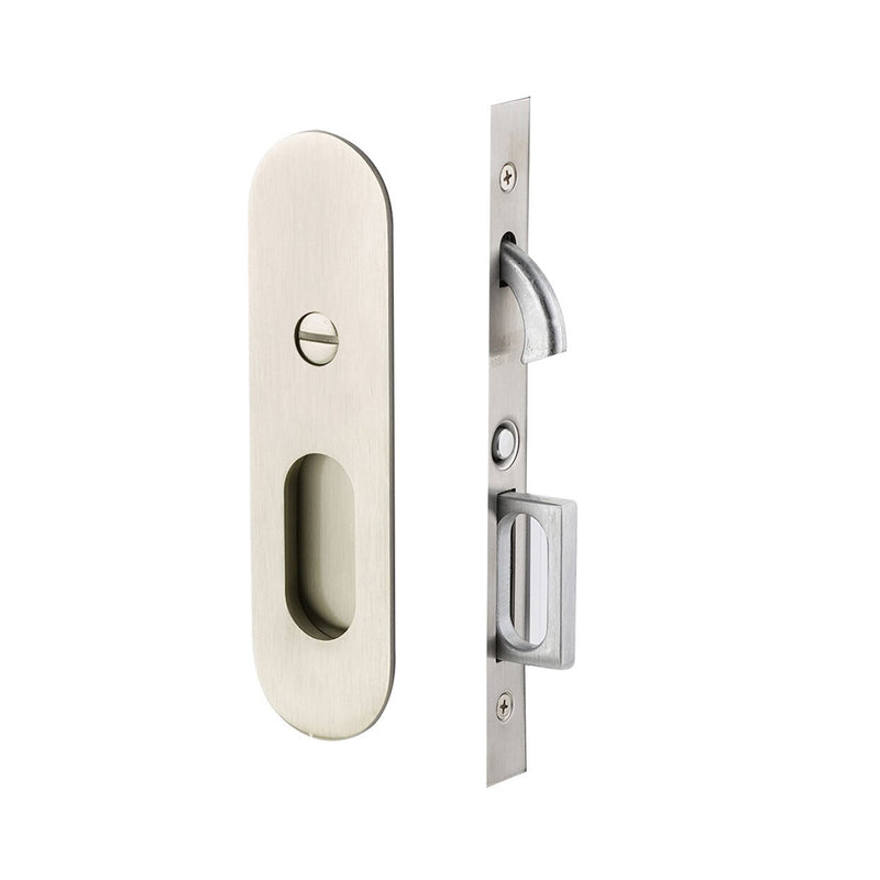 Narrow Oval Mortise Privacy Pocket Door Lockset - Door Mount - 8" Brass/Satin Nickel
