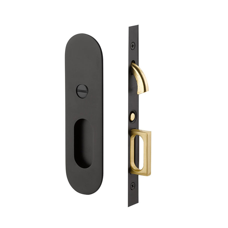 Narrow Oval Mortise Privacy Pocket Door Lockset - Door Mount - 8" Brass/Flat Black