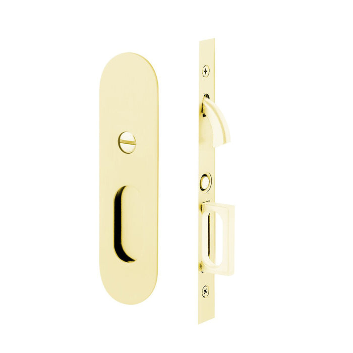 Narrow Oval Mortise Privacy Pocket Door Lockset - Door Mount - 8" Brass/Unlacquered Brass