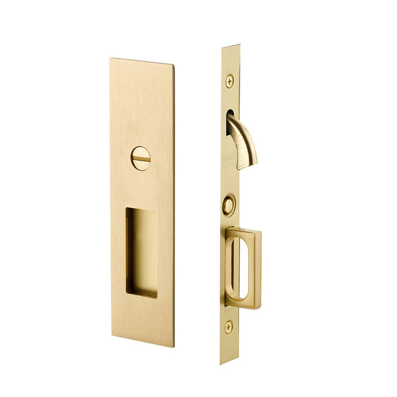Narrow Modern Rectangular Mortise Privacy Pocket Door Lockset - Door Mount - 8" Brass/Satin Brass