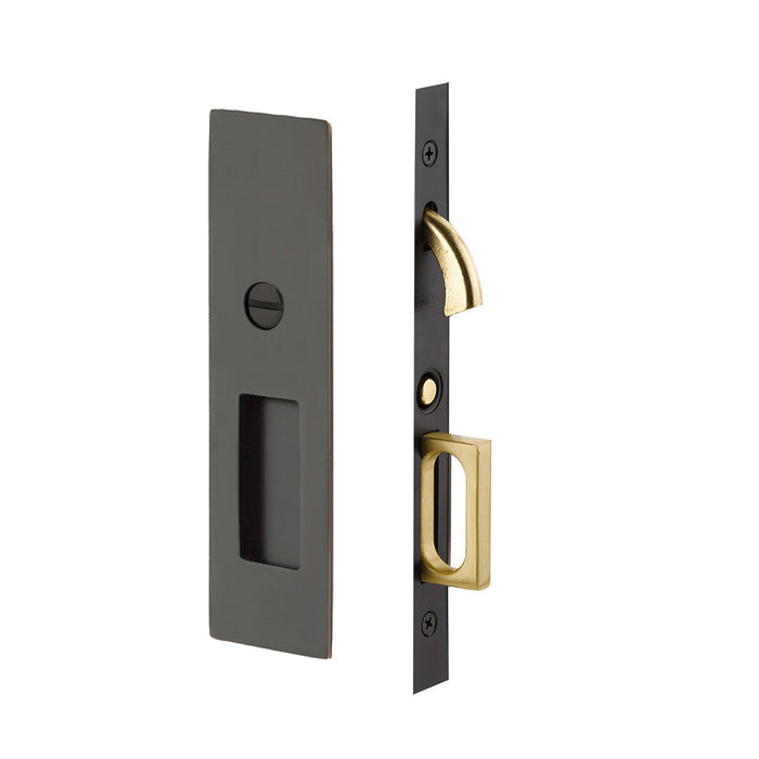 Narrow Modern Rectangular Mortise Privacy Pocket Door Lockset - Door Mount - 8" Brass/Oil Rubbed Bronze