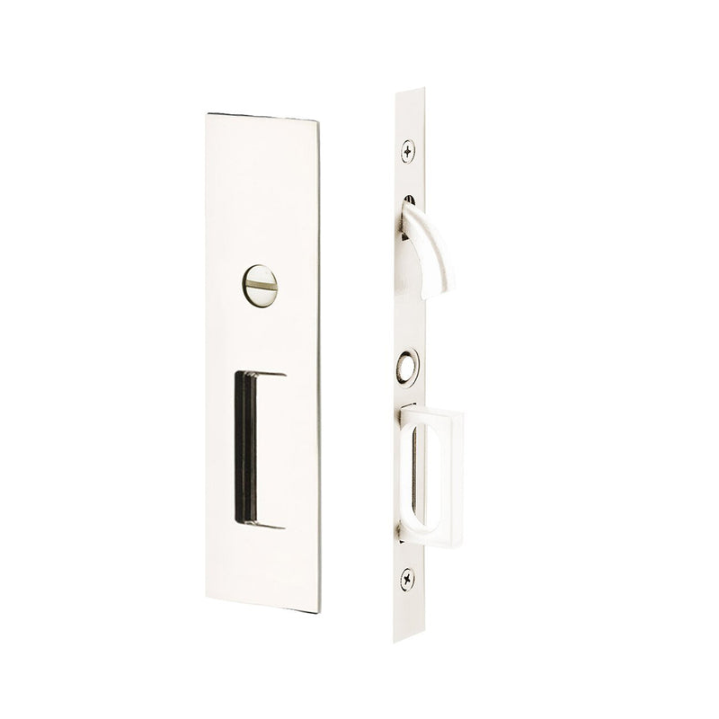 Narrow Modern Rectangular Mortise Privacy Pocket Door Lockset - Door Mount - 8" Brass/Polished Nickel