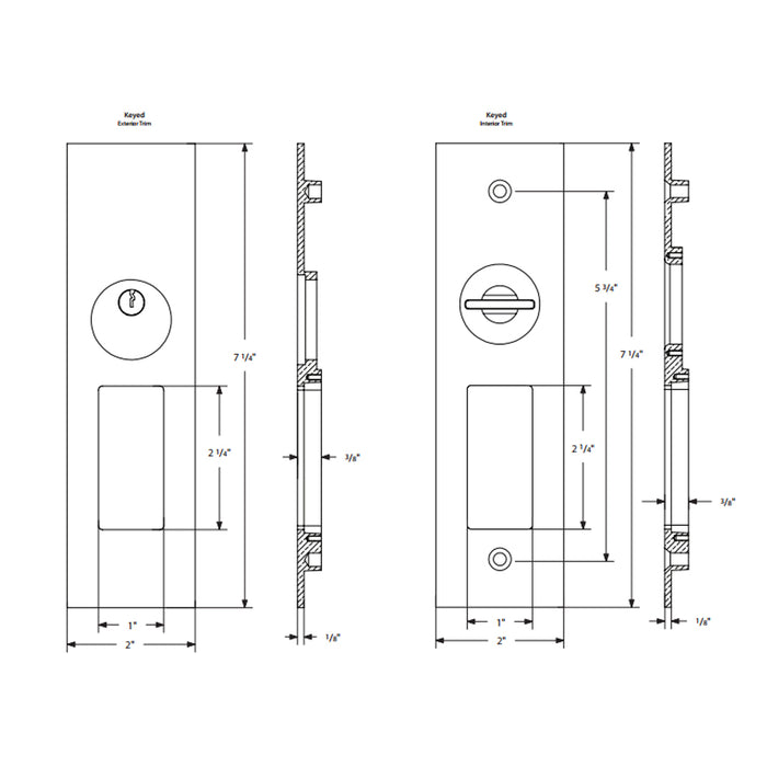 Narrow Modern Rectangular Mortise Privacy Pocket Door Lockset - Door Mount - 8" Brass/Polished Nickel