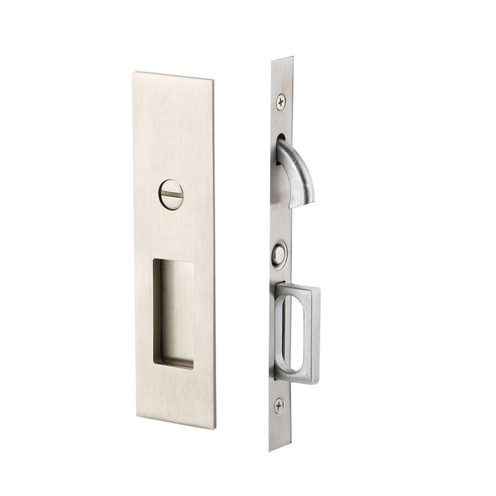 Narrow Modern Rectangular Mortise Privacy Pocket Door Lockset - Door Mount - 8" Brass/Satin Nickel