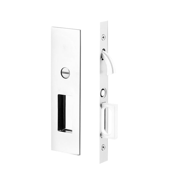 Narrow Modern Rectangular Mortise Privacy Pocket Door Lockset - Door Mount - 8" Brass/Polished Chrome