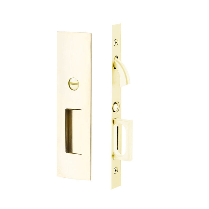 Narrow Modern Rectangular Mortise Privacy Pocket Door Lockset - Door Mount - 8" Brass/Unlacquered Brass