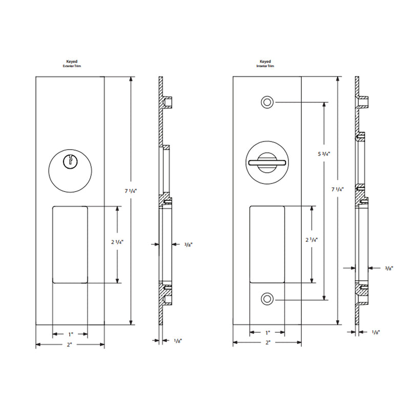 Narrow Modern Rectangular Mortise Privacy Pocket Door Lockset - Door Mount - 8" Brass/Unlacquered Brass