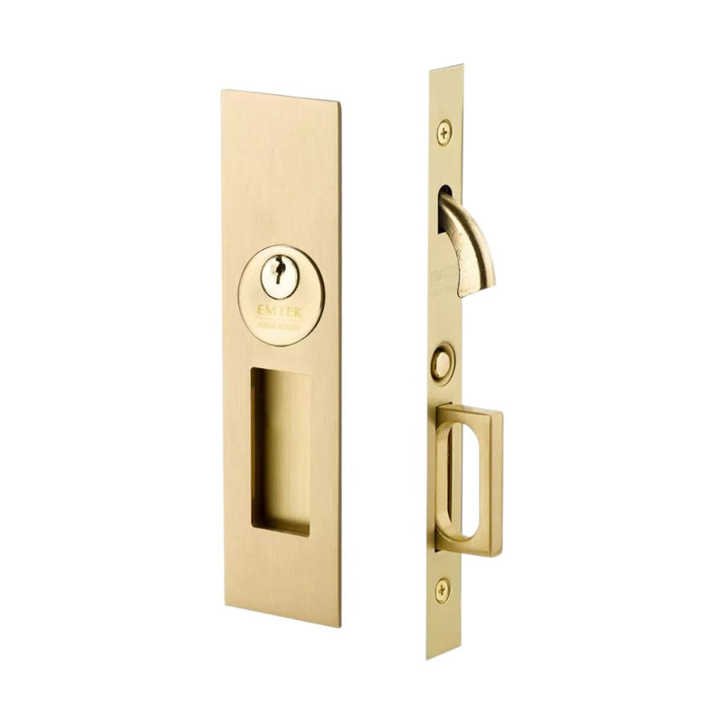 Narrow Modern Rectangular Mortise Keyed Pocket Door Lockset - Door Mount - 8" Brass/Satin Brass
