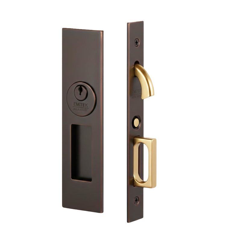 Narrow Modern Rectangular Mortise Keyed Pocket Door Lockset - Door Mount - 8" Brass/Oil Rubbed Bronze
