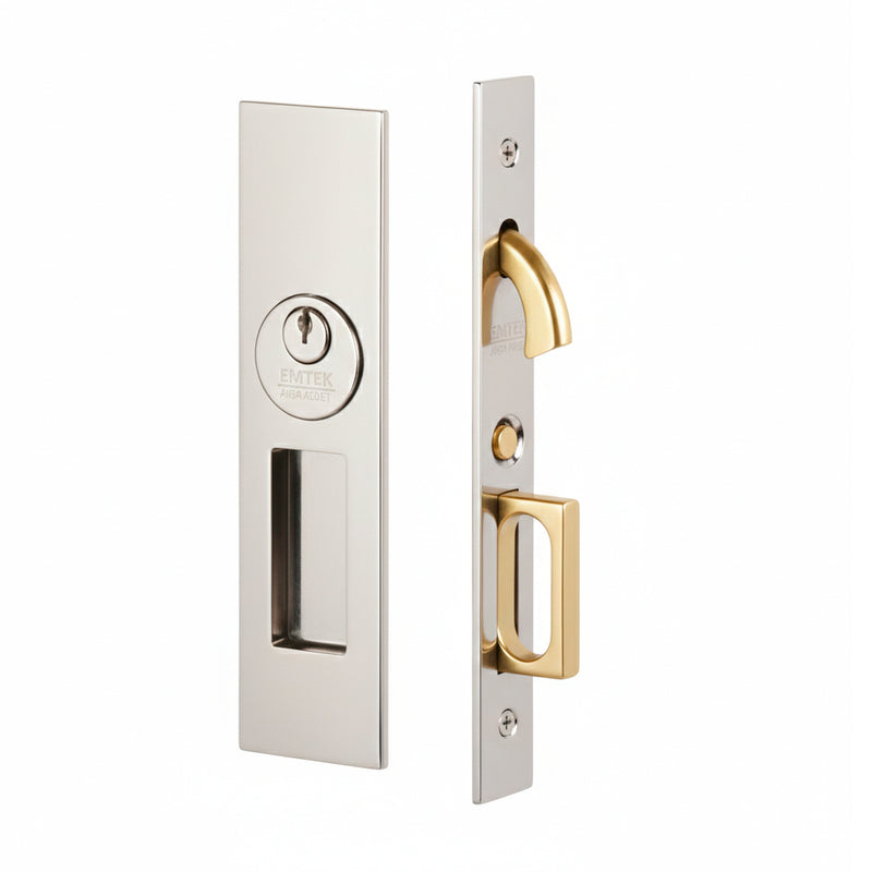 Narrow Modern Rectangular Mortise Keyed Pocket Door Lockset - Door Mount - 8" Brass/Polished Nickel