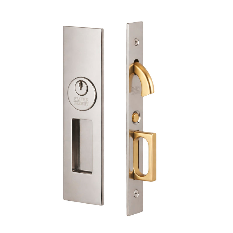 Narrow Modern Rectangular Mortise Keyed Pocket Door Lockset - Door Mount - 8" Brass/Satin Nickel