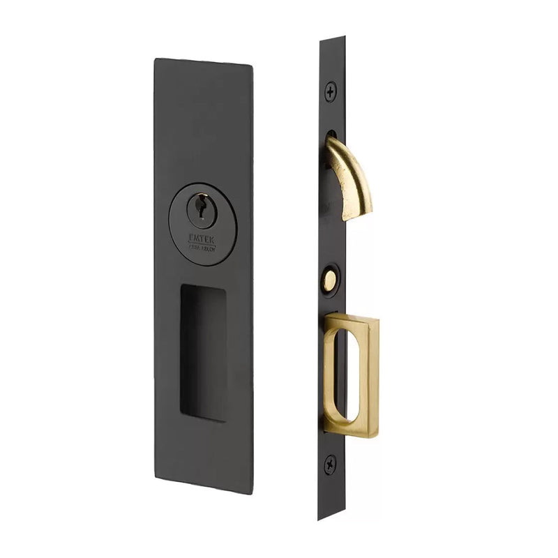 Narrow Modern Rectangular Mortise Keyed Pocket Door Lockset - Door Mount - 8" Brass/Flat Black
