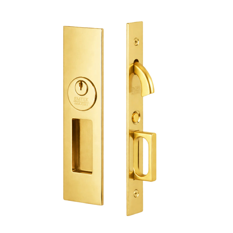 Narrow Modern Rectangular Mortise Keyed Pocket Door Lockset - Door Mount - 8" Brass/Unlacquered Brass