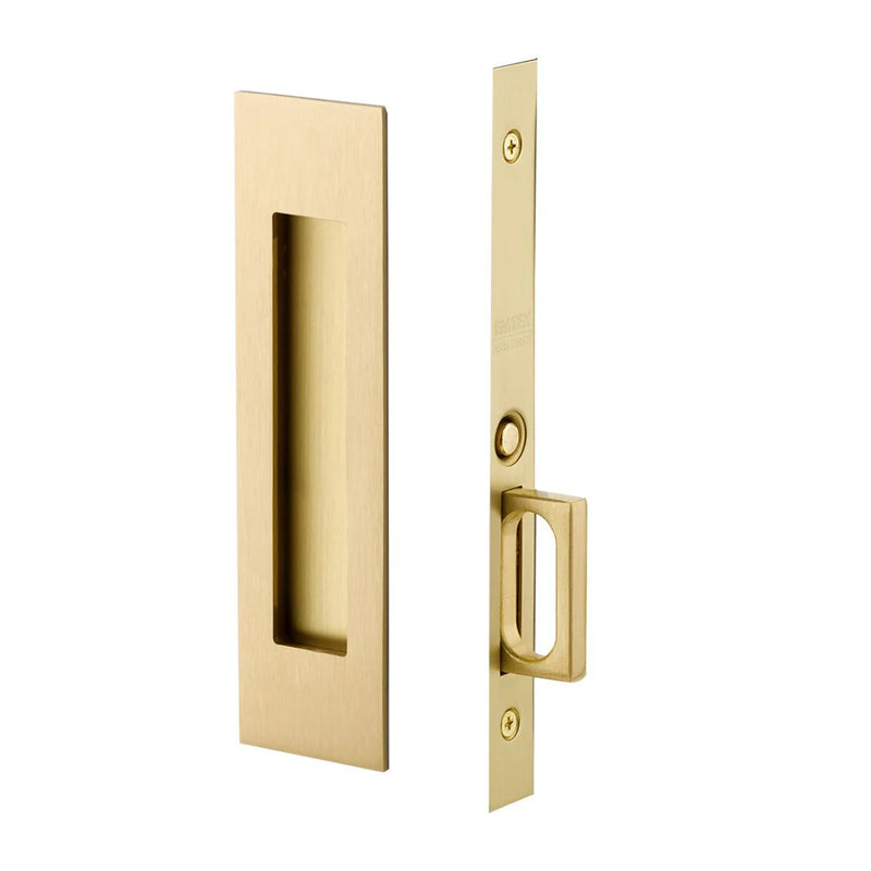 Narrow Modern Rectangular Mortise Passage Pocket Door Lockset - Door Mount - 8" Brass/Satin Brass