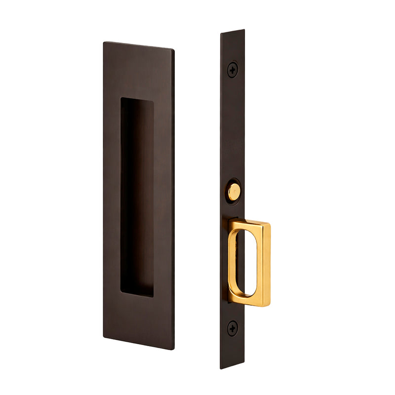 Narrow Modern Rectangular Mortise Passage Pocket Door Lockset - Door Mount - 8" Brass/Oil Rubbed Bronze