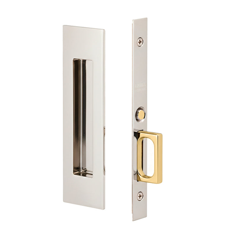 Narrow Modern Rectangular Mortise Passage Pocket Door Lockset - Door Mount - 8" Brass/Polished Nickel
