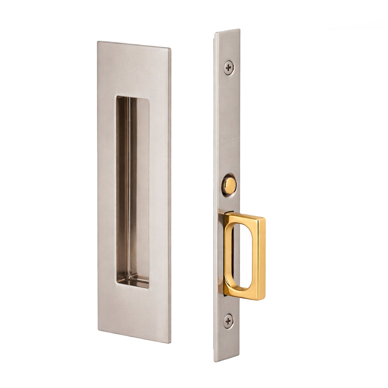 Narrow Modern Rectangular Mortise Passage Pocket Door Lockset - Door Mount - 8" Brass/Satin Nickel