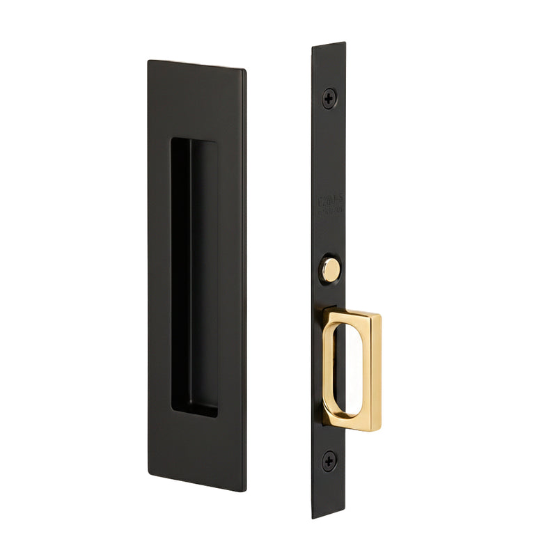 Narrow Modern Rectangular Mortise Passage Pocket Door Lockset - Door Mount - 8" Brass/Flat Black