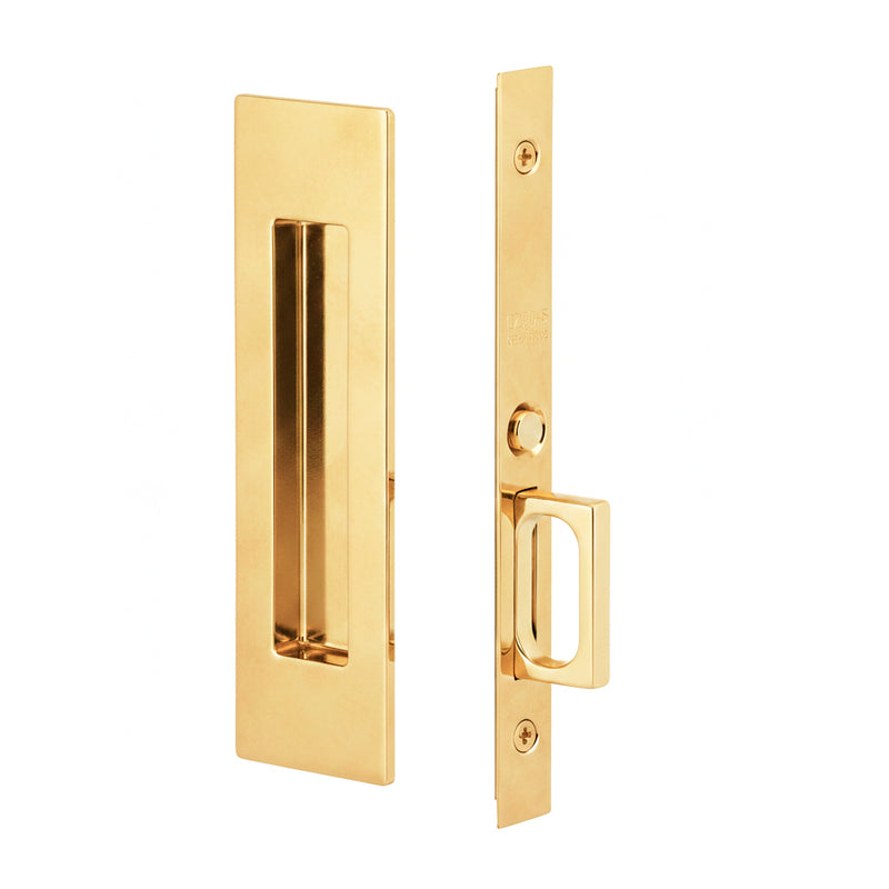 Narrow Modern Rectangular Mortise Passage Pocket Door Lockset - Door Mount - 8" Brass/Unlacquered Brass
