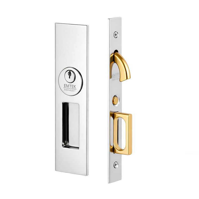 Narrow Modern Rectangular Mortise Keyed Pocket Door Lockset - Door Mount - 8" Brass/Polished Chrome