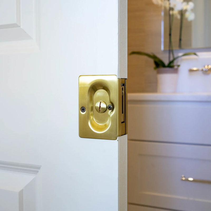 Standard Square Privacy Pocket Door Lockset - Door Mount - 4" Brass/French Antique