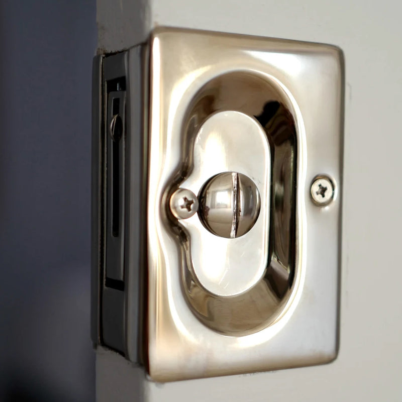 Standard Square Privacy Pocket Door Lockset - Door Mount - 4" Brass/Polished Nickel