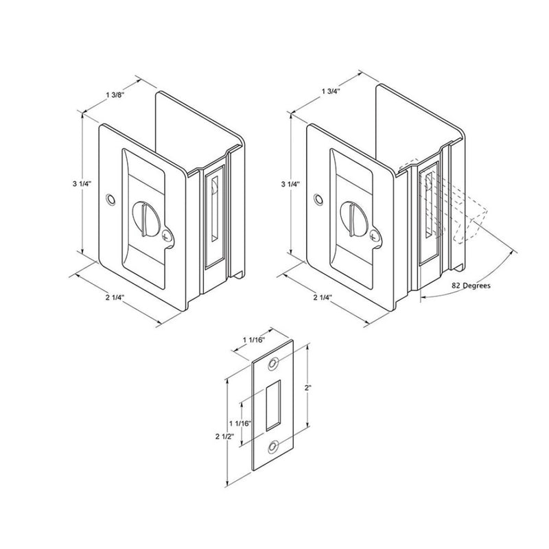 Standard Square Privacy Pocket Door Lockset - Door Mount - 4" Brass/Pewter