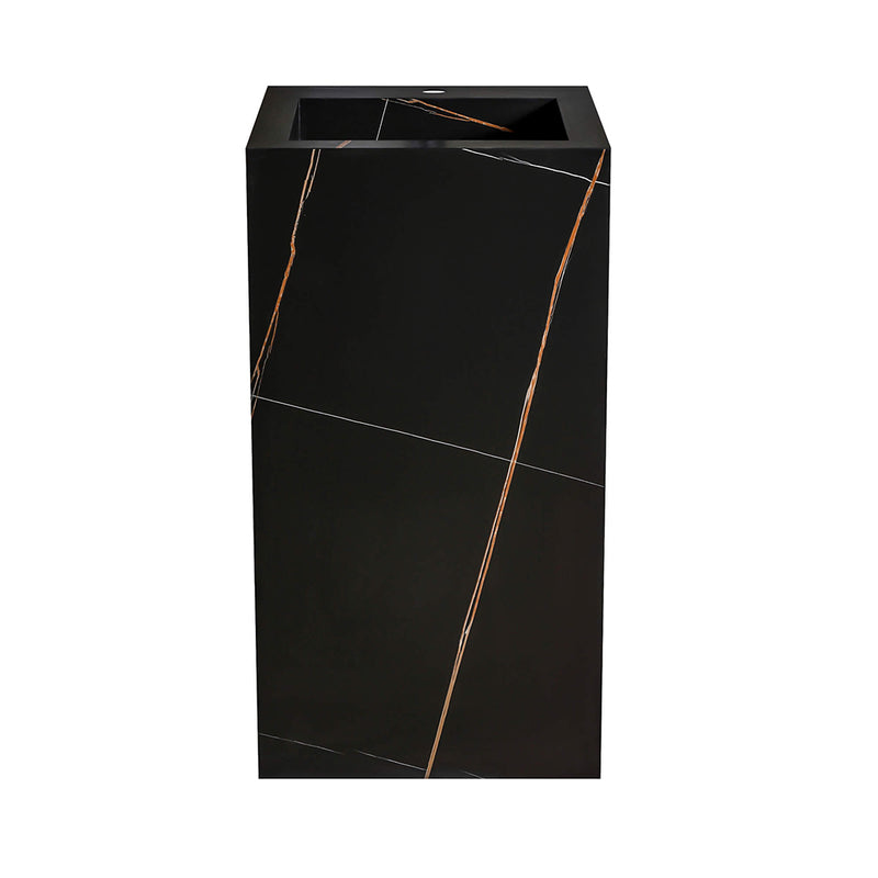 Grand Square Pedestal Sink - Floor Mount - 18" Sintered Stone/Black With Gold