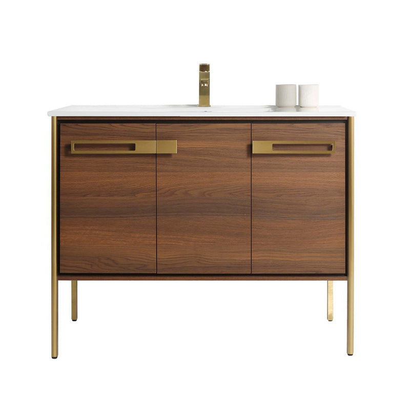 Oakville 3 Doors Bathroom Vanity with Sintered Stone Sink - Floor Mount - 42" Wood/Walnut Ebony/Satin Brass