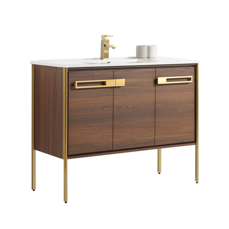 Oakville 3 Doors Bathroom Vanity with Sintered Stone Sink - Floor Mount - 42" Wood/Walnut Ebony/Satin Brass