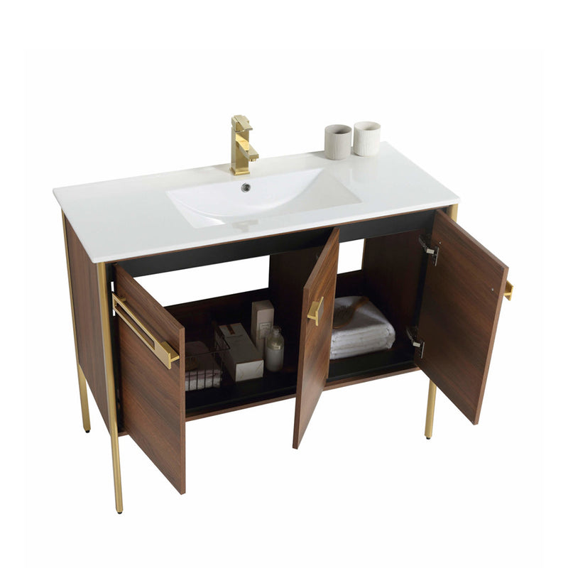 Oakville 3 Doors Bathroom Vanity with Sintered Stone Sink - Floor Mount - 42" Wood/Walnut Ebony/Satin Brass