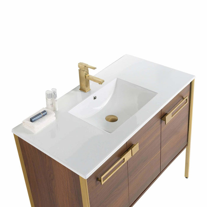 Oakville 3 Doors Bathroom Vanity with Sintered Stone Sink - Floor Mount - 42" Wood/Walnut Ebony/Satin Brass