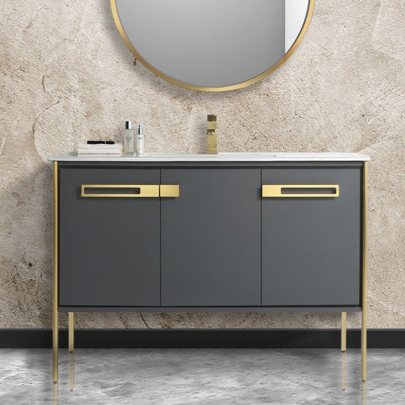 Oakville 3 Doors Bathroom Vanity with Sintered Stone Sink - Floor Mount - 42" Wood/Walnut Ebony/Satin Brass