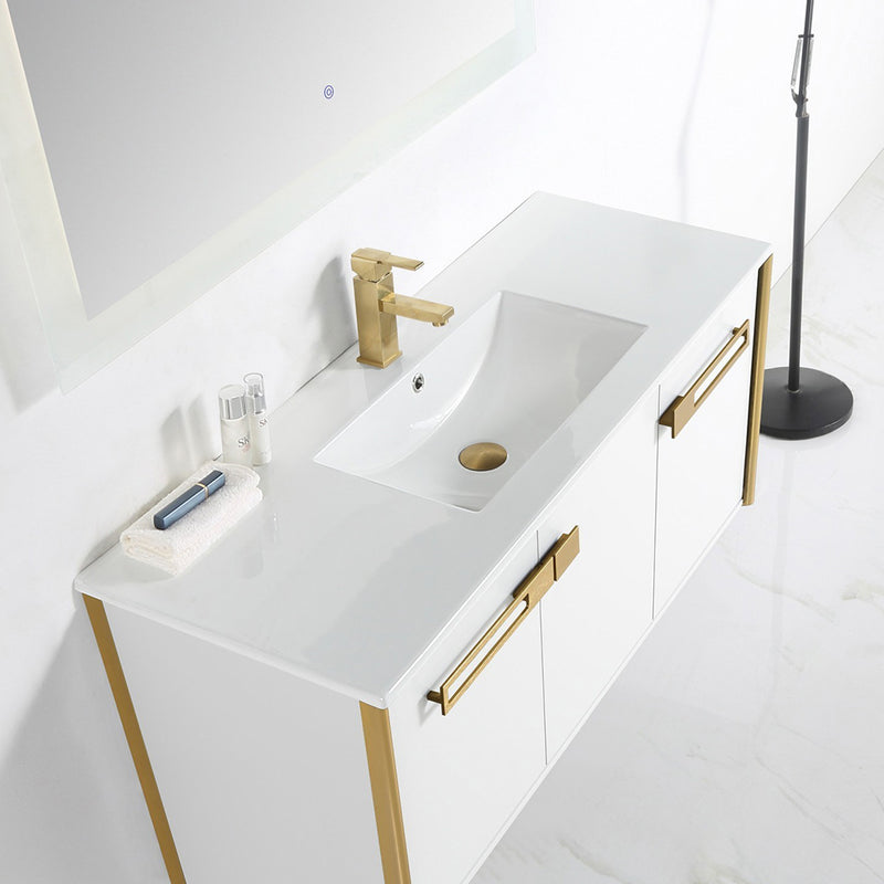 Oakville 3 Doors Bathroom Vanity with Sintered Stone Sink - Floor Mount - 42" Wood/Walnut Ebony/Satin Brass