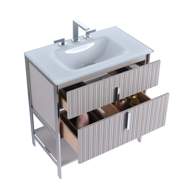 Serenity 2 Drawers Bathroom Vanity with Tempered Glass Sink - Floor Mount - 30" Wood/Bright Taupe/Polished Chrome
