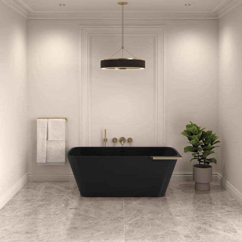 Lukas Tub With Shelf Right Bathtub - Free Standing - 64" Solid Surface/Matte Black/Brushed Gold