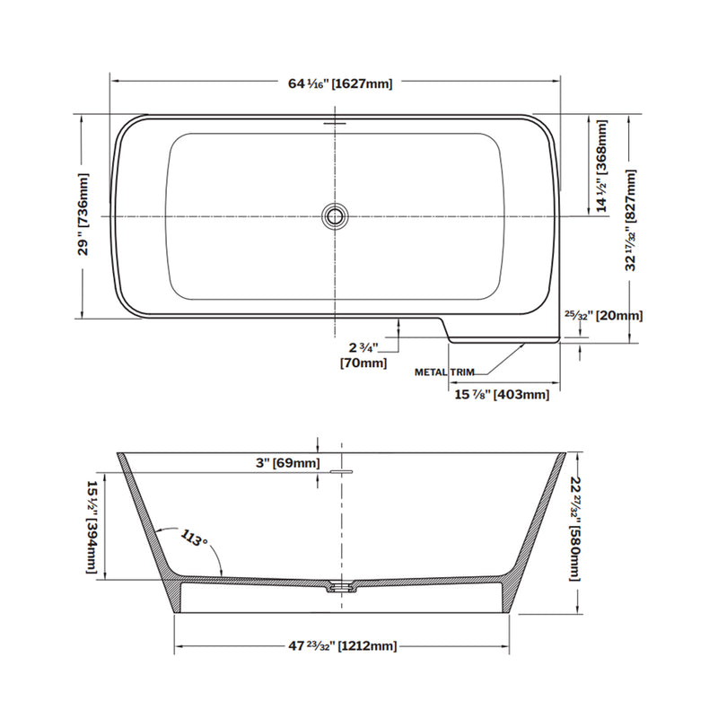 Lukas Tub With Shelf Right Bathtub - Free Standing - 64" Solid Surface/Matte Black/Brushed Gold