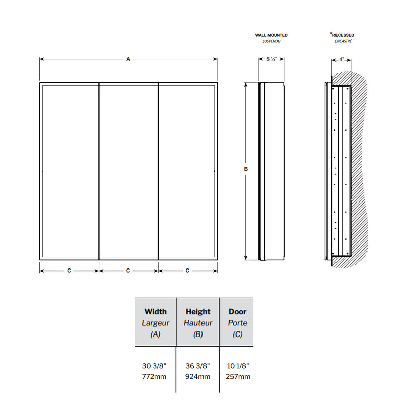 Luna Halo Tri-View Led Medicine Cabinet - Wall Or Recessed Mount - 30W x 36H" Aluminum/Glass/Aluminum