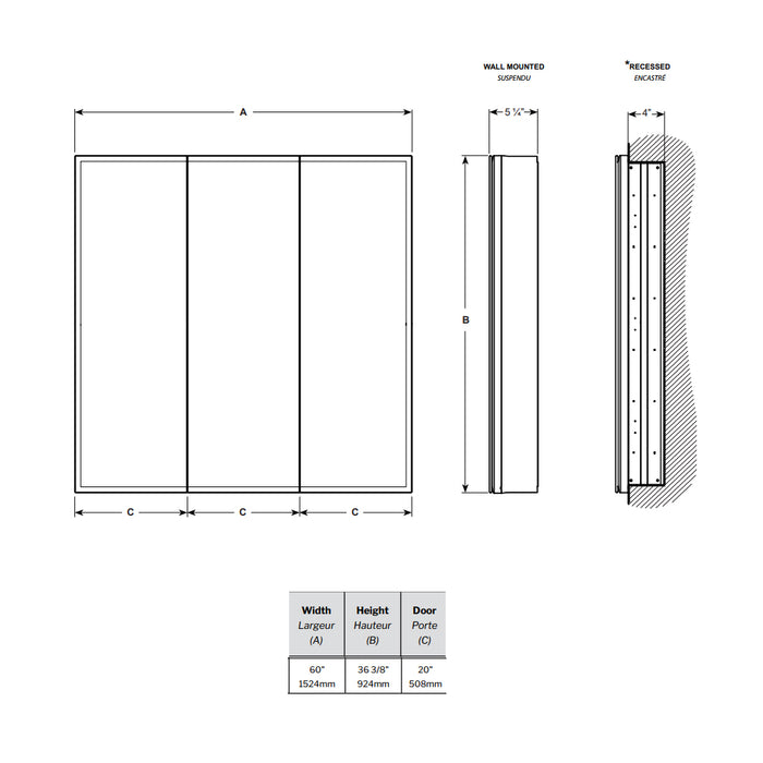 Luna Halo Tri-View Led Medicine Cabinet - Wall Or Recessed Mount - 60W x 36H" Aluminum/Glass/Aluminum